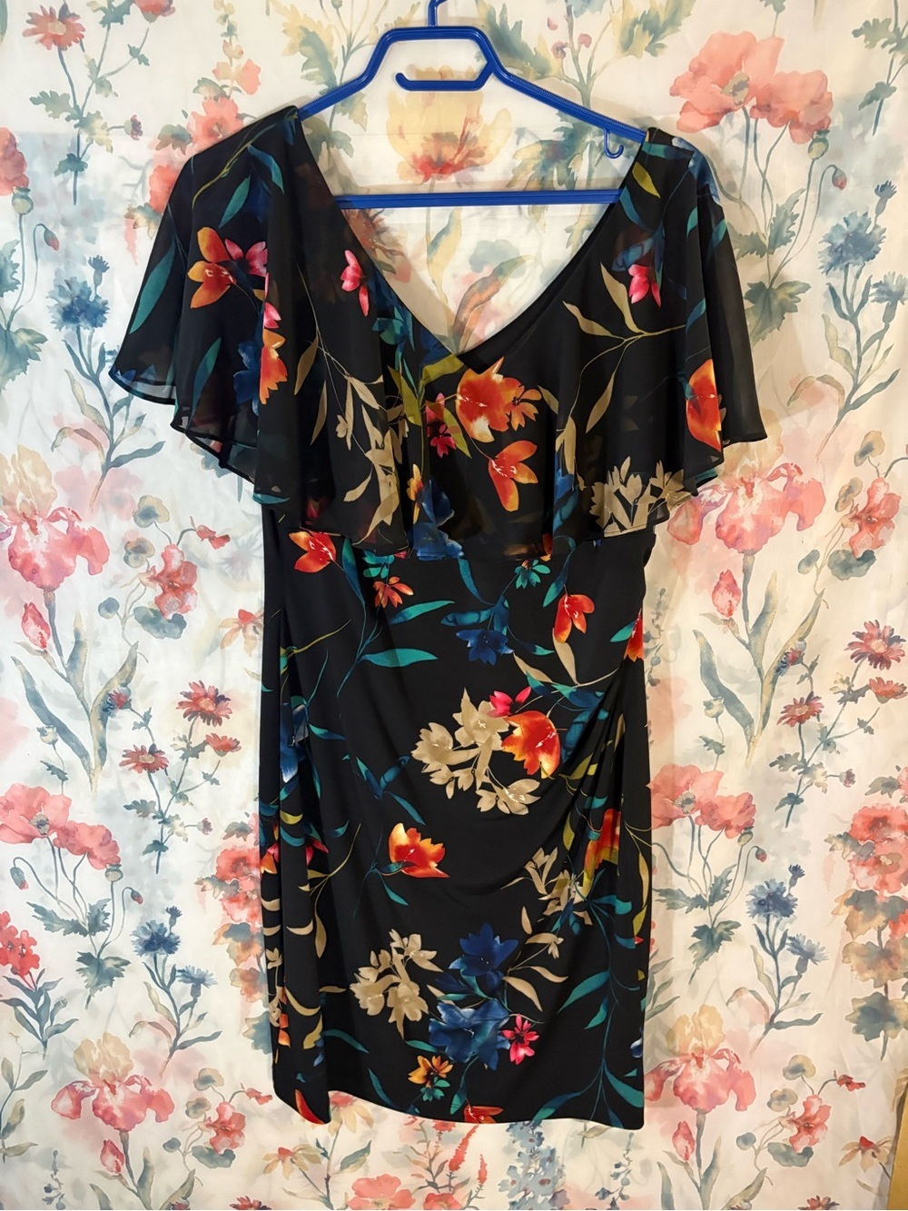 connected apparel Black Floral Midi Dress with Flutter Sleeves